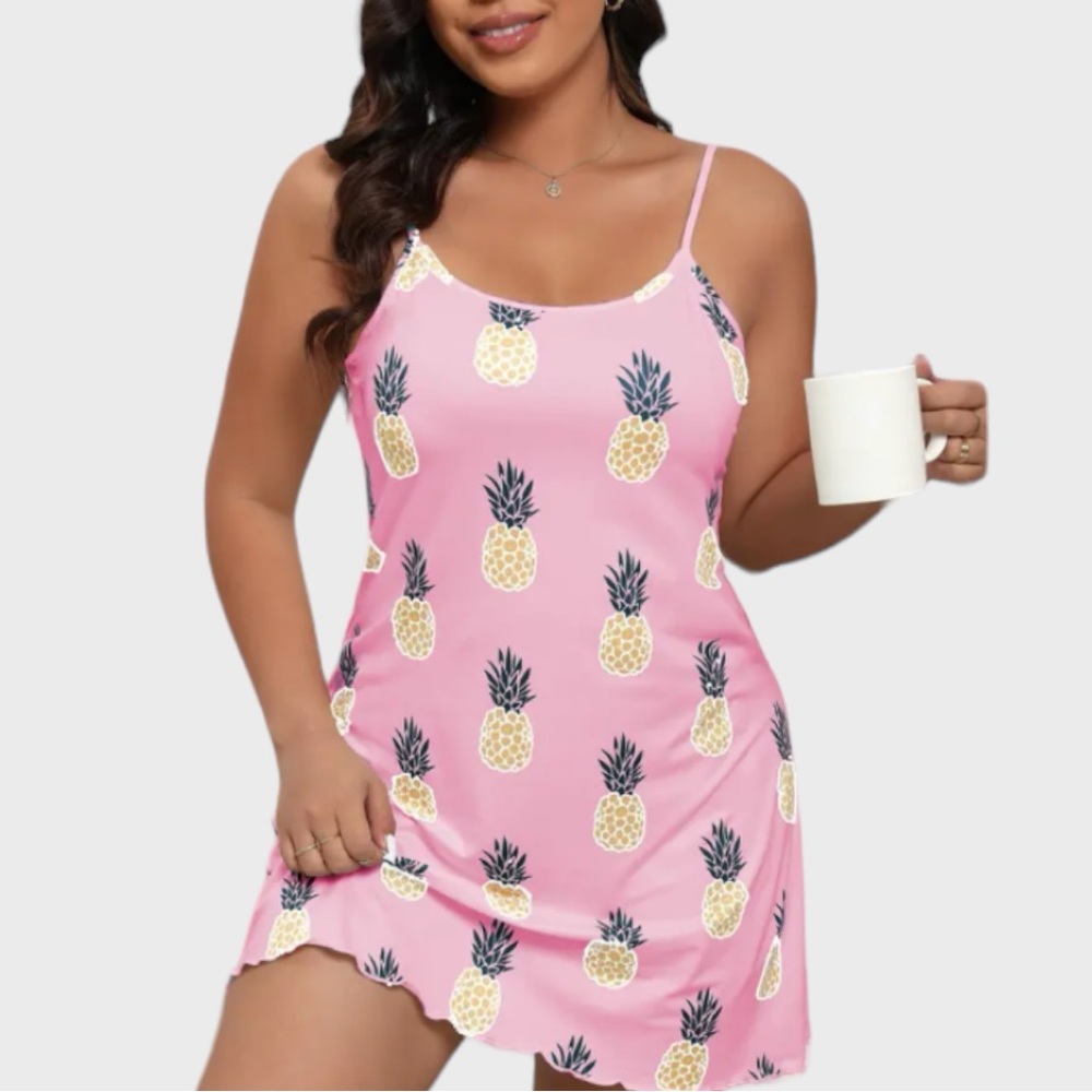Plus Size Pineapples Print Lettuce Trim Cami Nightdress Size 3X